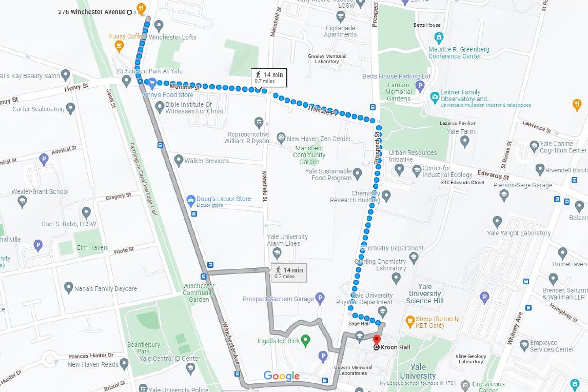 Walking map from Science Park garage to Kroon Hall