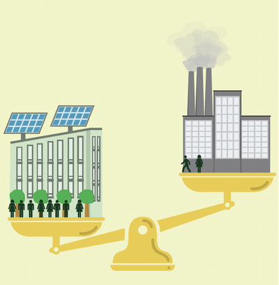 Illustration of scale with sustainable building out-weighing polluting building