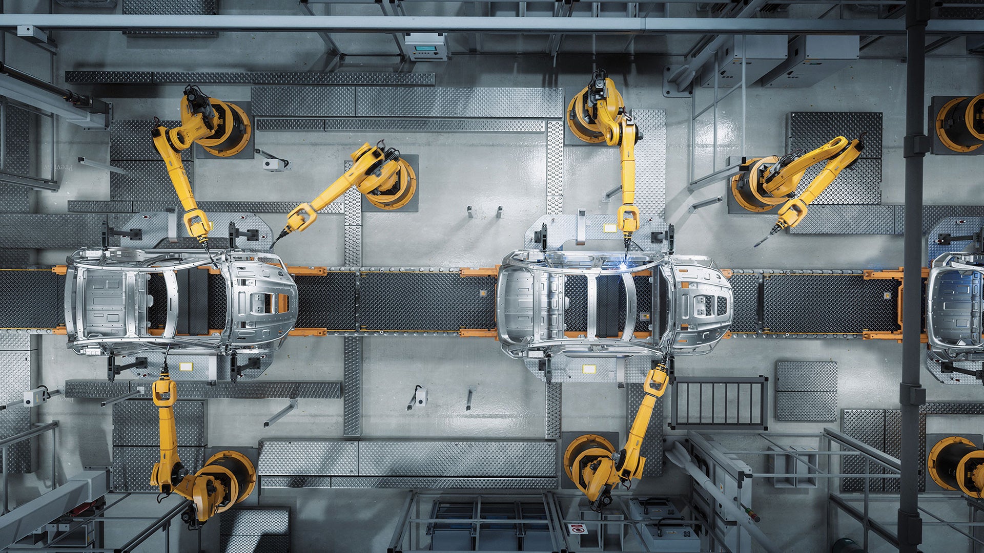 Overhead view of car assembly line