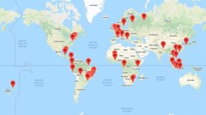 Map with more than 40 red pins across the globe marking Dialogue locations