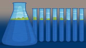 Illustration: lab bottels and test tubes filled with water samples, looking through to lanscape in background