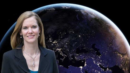 Portrait of Eleanor Stokes superimposed over nighttime image of Earth from space