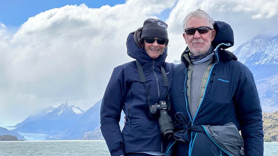 Indy and Bill in front of Grey Glacier in Torres del Paine National Park