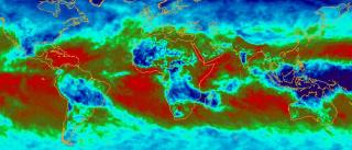 Heat-map graphic showing gloabal cloud top temperatures