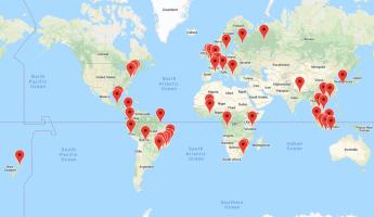 Map with more than 40 red pins across the globe marking Dialogue locations