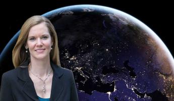 Portrait of Eleanor Stokes superimposed over nighttime image of Earth from space