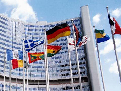 International flags outside the UNIDO building in Vienna, Austria