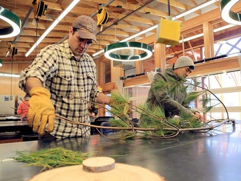 Craig Brodersen and a YSE student in the lab preparing a white pine branch for weighing