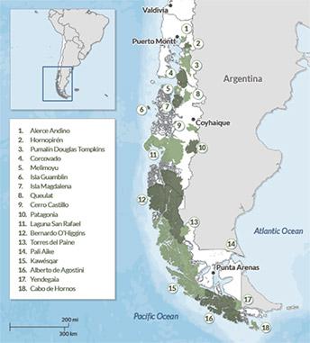 Map of national parks in Chilean Patagonia